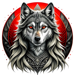 Nordic Godness Ylva She-Wolf - perfect realistic art, high-definition grey and black, white background tattoo design