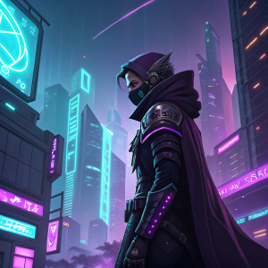 Illustration of Sombra, from the game Overwatch. Futuristic cityscape background. Neon lights and cyber elements