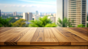 Minimal empty natural wood table top, counter top. Brown tabletop with copy space for product advertising mockup. Terrace, balcony, rooftop space interior