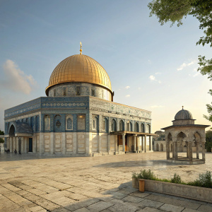 Digital 3D model of the revered Al-Aqsa Mosque. Golden Dome, intricate architecture, courtyard, structures. Realistic render.