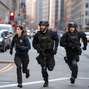 Missy Peregrym, Zeeko Zaki, and John Boyd, in tactical gear, sprint through busy city streets during an intense chase scene.