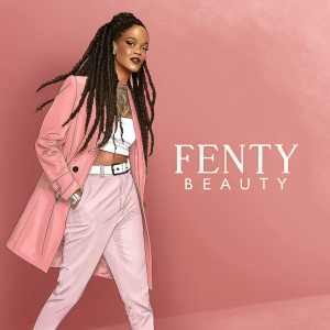 Illustration of Rihanna in a stylish outfit with long dreadlocks. Solid pink background, text reads 'Fenty Beauty'.