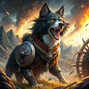 Foto de un perro collie negro con aspecto vikingo luchando en un campo de batalla