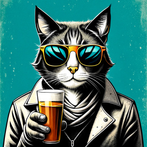 a cool cat drinking beer, illustration, distressed, vector, 2-3 colors , Banksy artwork