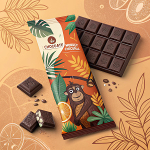 Chocolate bar packaging for Monkey Chicoral, showcasing a vibrant mix of orange and brown hues. Tropical graphics and playful plant designs cover the surface. Prominently displayed is the Monkey Chicoral logo along with nutritional details and weight specifications.