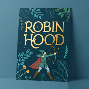 Modern font title card for 'Robin Hood', dark background, with illustrations inspired by the legendary tale.