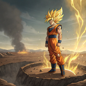 Digital artwork depicting Goku in Super Saiyan form, standing atop a crater with an intense expression. Blazing golden hair and power aura surround him, creating a dynamic and intense scene.
