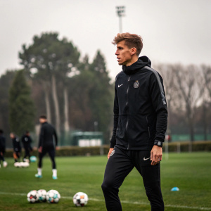 Marcos Llorente, soccer player, intense look. Wearing black tracksuit. Training ground background