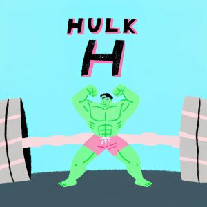 Digital artwork of Hulk flexing muscles in a dynamic pose. Hulk logo featured prominently. Muted gray background