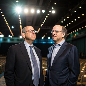 Joel Glazer and Avram Glazer, both in formal attire, during a business conference. Bright lights, rows of chairs in background.