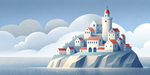 White illustration, Rafał Olbiński style, isolated surrealistic collage of a lot of historical houses on island, huge ocean and sky, white, light pastel colors, zoom out view, grainy texturing paper