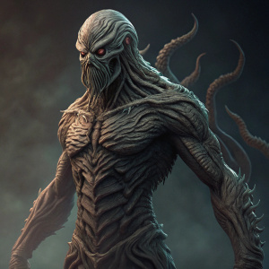 Digital rendering of a monstrous entity. The creature has a menacing appearance with detailed, alien-like facial features and intricate muscle structure. Set against a dark, eerie backdrop. It stands with powerful stance, arms spread wide with tentacle-like limbs. Focused on the detailed textures and musculature.