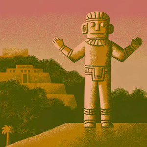 3D digital art of an ancient Aztec golden statue with outstretched arms standing on a hillside. Earthy tones, intricate patterns, and architectural structures typical of Mesoamerican style.