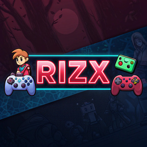 Digital graphic banner showcasing 'RizX' in bold neon text. Dark, shadowy background with gaming elements. Social media icons prominently displayed.