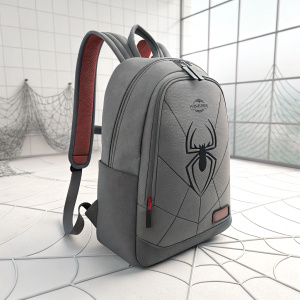 A 3D model of a Spider-Man backpack in a virtual space. Gray color, sleek design, comfortable straps, set against a plain white background.
