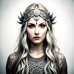 Saga, The Seer - Nordic Goddess of Sagas & Myths perfect realistic art, high-definition grey and black, white background tattoo design