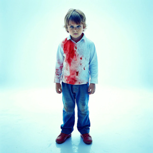 a child with bloody cloth standing in blood