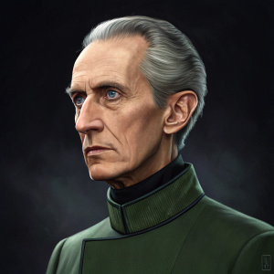 A digital portrait of a character inspired by Grand Moff Tarkin from Star Wars. The character, played by Peter Cushing, has a stern expression with a strong jawline and a distinguished gray hairstyle. He wears a green high-collar jacket. The background is dark and mysterious.