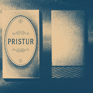 Pristur logo showcases an elegant chocolate bar on the right. The left side features an oval emblem with a classic design. The brand name and product details are displayed in muted, neutral tones using a minimalist flat design approach.