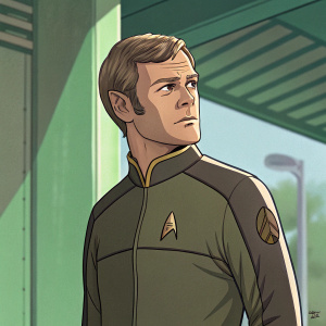 Steve McQueen in a vibrant anime-style depiction, dressed in futuristic Star Trek attire. He stands against a green backdrop, his expression stern and focused. The scene features muted earth tones with hints of green, highlighting the Star Trek emblem on his uniform.