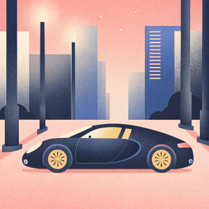 Black Bugatti Veyron parked on a busy city street at night. Yellow accents glowing under streetlights. Buildings towering in the background.