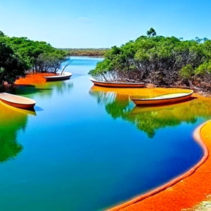 a lagoon with some 
canoes inside the water