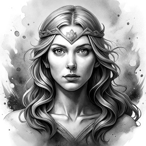 Saga, The Seer - Nordic Goddess of Sagas & Myths perfect realistic art, high-definition grey and black, white background tattoo design