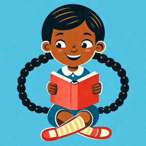 niña de 1 trenza negra leyendo un libro y soñando