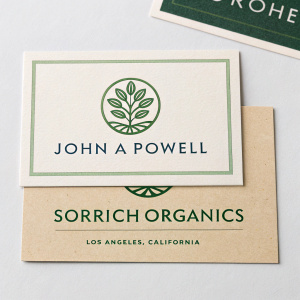 Business cards for Sorrich Organics. Featuring logo and details of John A Powell, based in Los Angeles, California.
