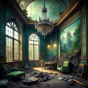 Everywhere is messy and dirty. The gray and green wall plaster has fallen off, the brown wallpaper has peeled off on the wall on the right. A large old crystal chandelier hangs from the ceiling. In the middle of the room, there is a long renaissance style wooden table and around it are very old broken chairs with velvet backs and flashy gilding. An old and broken light is next to the window. a shining floor lamp. The floor is black and white with old worn out flooring. A clock hangs on the wall.