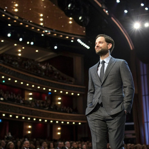 Tobey Maguire on the stage of a prestigious awards show. Dressed in a tailored suit and tie, with a well-groomed beard, he carries an air of seriousness.