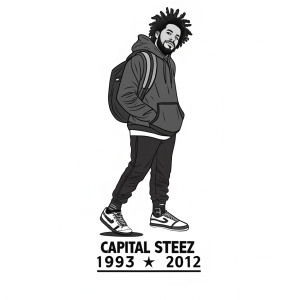 Flat design illustration of rapper Capital Steez. Wearing hoodie, sneakers, and backpack. Stark black and white contrast, highlighting his distinctive facial features and hairstyle. Commemorative text '1993 - 2012' beneath
