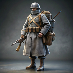 A full-length dieselpunk soldier, gray overcoat, cuirass, boots on his feet, rifle, grenades, satchel on his back