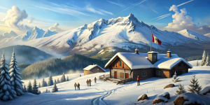 Austrian alpine scenery with snow, huts, many skiers, Austrian Flag in front of the hut