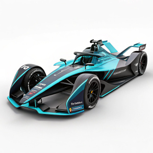 3D render of the sleek NIO 333 FE Team Formula E race car. Futuristic design, blue and black colors. Plain background