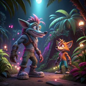 High-definition 3D render of Crash Bandicoot 4 characters. Futuristic jungle setting with vibrant colors. Characters in detailed gray sculpted material. Dark background with soft spotlight on them.