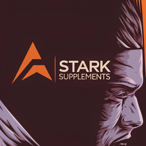 Stark Supplements logo. Modern, sleek design with dark background. Prominent stylized 'A' on left. Brand name 'STARK SUPPLEMENTS' in contemporary green font. Simple, bold focus on typography. Minimalistic color scheme with dark background and prominent green color.