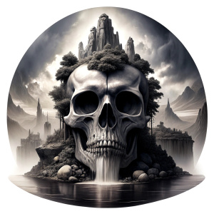 skull island tattoo design - perfect realistic art - high-definition - grey and black - white background 