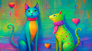 A cartoonish skinny hairy cat and dog, looking each other with big round eyes, black ears and light brown fur.
they wears a red and blue scarf with white polka dots tied around his neck.
Their eyes are very expressive, giving a friendly and curious feeling.
The visible texture suggests that the work is painted on old wood background.
It is a very colorful and cheerful artistic painting