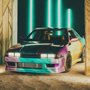 A high-tech 3D rendering of a modified Nissan Silvia S13. The car features an eye-catching multi-color paint job with vibrant flames, text, and a striking combination of purple, blue, and black hues. Set against a dark backdrop with dramatic lighting, the car is the central focus.