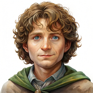 Headshot  hobbit Frodo with small smile on white background