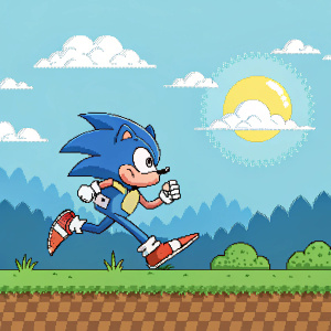 Pixel art depiction of Sonic the Hedgehog. Vibrant colors, retro aesthetic, 2D style, sunny sky, fluffy clouds