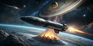 painting;

epic black military futuristic bullet-shaped starship breaks in half in an atomic explosion against the backdrop of a Saturn-shaped planet with rings in dark space

; artstation