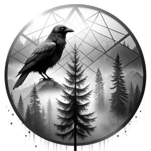 vegvisir geometric symbol - raven and trees - tattoo design - perfect realistic art - high-definition - grey and black - white background 