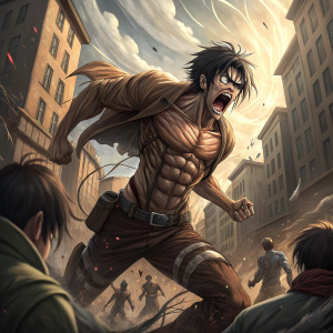 A digital painting of Eren Yeager. Epic battle scene from Attack on Titan. Dynamic pose, surrounded by enemies
