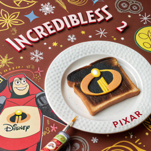 Imaginative promotional banner for 'Incredibles 2'. Depicting a quirky toast theme with Pixar's iconic logo atop a fancy plate. Surrounded by festive patterns, including New Year's greetings and signatures of Disney and Pixar.