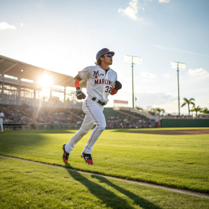 Derek Dietrich, wearing Miami Marlins jersey number 32, sprinting on a sunny baseball field.
