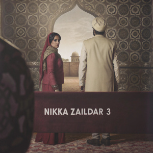A vibrant movie poster for 'Nikka Zaildar 3'. Features a man and woman in traditional Indian attire, set against a backdrop of old India. Release date and viewing details prominently displayed.