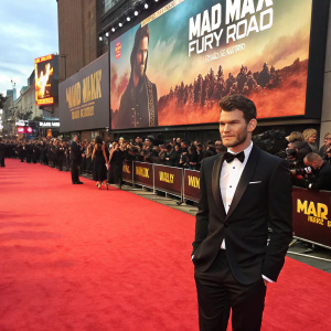Josh Helman in a sophisticated black tuxedo at the premiere of 'Mad Max: Fury Road'. Standing before a large screen displaying the movie's explosive trailer. Crowds of excited fans and industry professionals surround the red carpet.