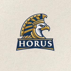 The Horus logo, inspired by ancient Egyptian motifs, features a majestic golden and blue crown with the text 'Horus' below, awaiting a tagline. Set against a grainy, textured background.